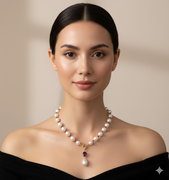 Woman wearing Pearl and 14k Gold Station Necklace